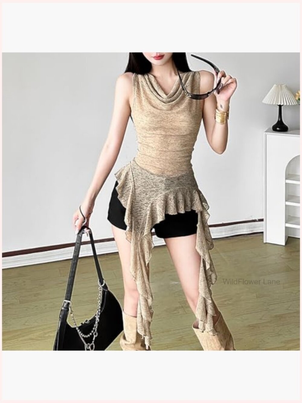 Sleeveless V-Neck Tank Top Asymmetrical Ruffle Hem Summer Blouse - Picture 3 of 6